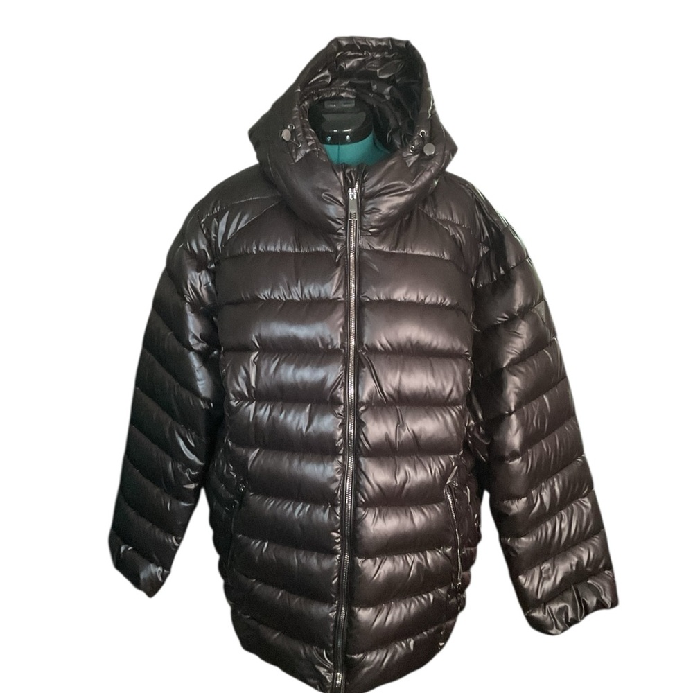 🦄 Guess Shiny Black Hooded Puffer Jacket P:28” L:33”